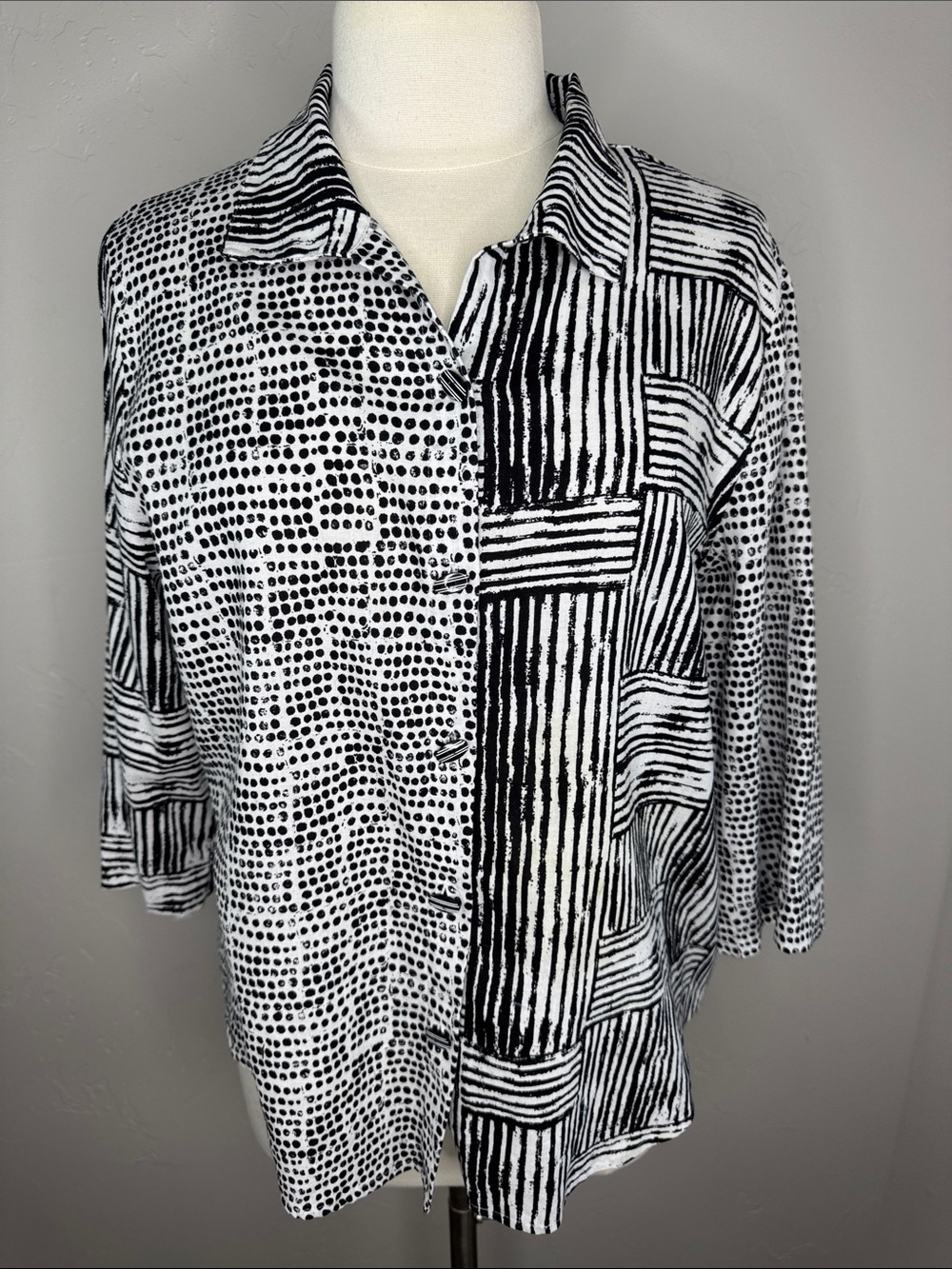 Habitat Mixed Patterned Unique Button-Front Wearable Art Top Linen/Cotton *